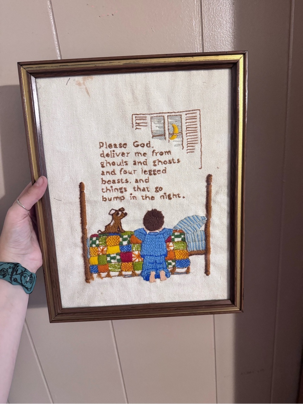 Vintage Crewel, Please God Deliver Me, Framed Textile Picture cross stitched